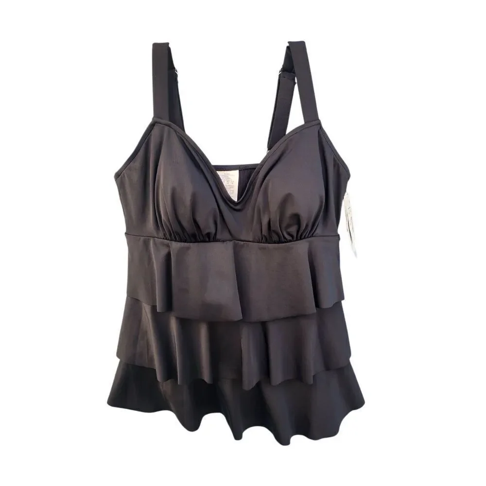 Swim Solutions Triple Pleat Tankini Ruffled Swim Top Black Womens Size 8 - Picture 4 of 8